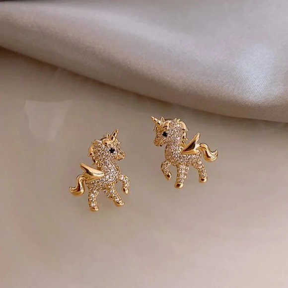 Gold Diamond Crystal Unicorn Stud Earrings - Picture 1 of 4